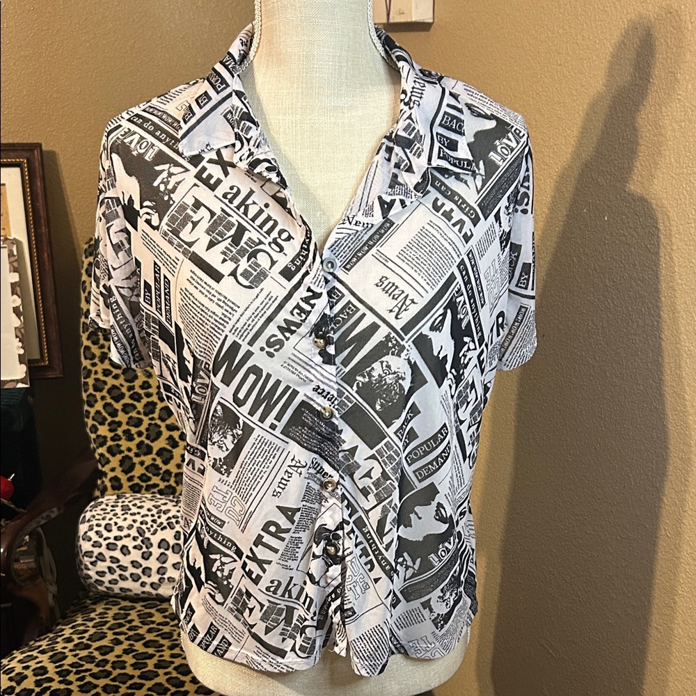 No Boundaries Black and White Newsprint Ladies Shirt